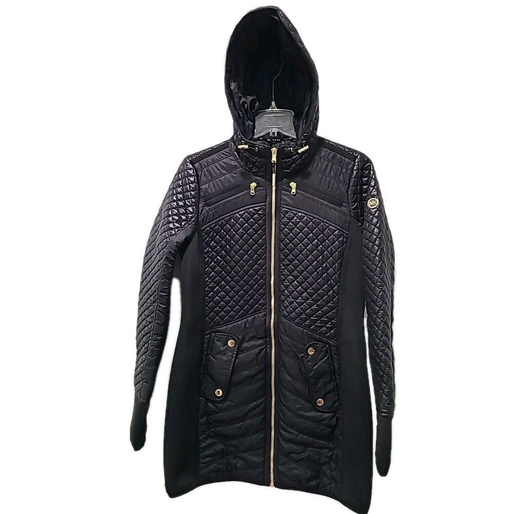 Michael Kors Black Quilted Mixed Media Gold Accents Logo Hooded Coat Jacket Sz S
